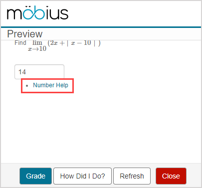 New window with preview of the question. Under number response area, the Number Help link is highlighted.